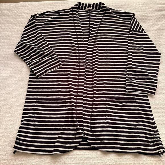 XL T by Talbots Black and White Stripe 3/4 Sleeve Open-Front Cardigan - Picture 1 of 8